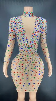 Seksi Gösterisi Taşlar Sahne Giyim Sparkly Kristal Uzun Kollu Örgü Şeffaf Kısa Elbise Doğum Günü Kutlamak Akşam Balo Parti Elbise