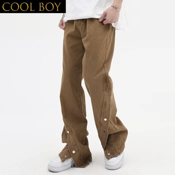 E ERKEK Ayak Bileği Düğmesi Katı Streetwear Kargo pantolon Erkekler ve Kadınlar Retro Cepler Vibe Tarzı Kot Gevşek Hip [Hop Denim Pantolon
