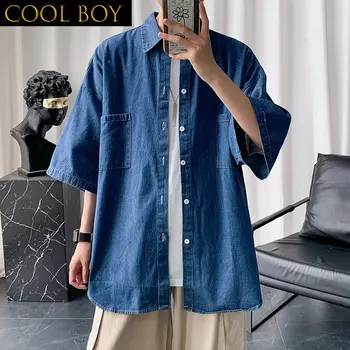 J kızlar Mavi Denim Kısa Kollu Gömlek Erkekler Yaz İnce Kore Moda Üst Vintage Boy Baggy Hırka Bluzlar Casual Erkek Y2K