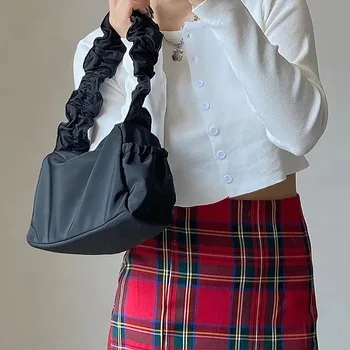 Vintage Naylon Kadın Çanta Çanta Moda Kıvrımlar Bayanlar Küçük omuz çantaları Retro Kadın Basit Koltukaltı Çanta Debriyaj Tote Bolsa