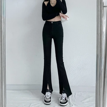 2022 İlkbahar Sonbahar kadın Yeni Yüksek Bel İnce Kot Kadın Kore Casual Flare pantolon Bayanlar Düz Renk Denim Pantolon B88
