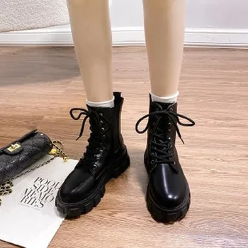 Kadın Çizmeler yarım çizmeler Deri Platformu Yuvarlak Ayak Siyah Çizmeler Kadın Goth Çizmeler Tasarımcı Marka Lüks Kadın Ayakkabı Botas Mujer