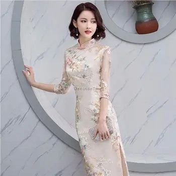 Çin Balık Kuyruğu Elbise Kadın Gazlı Bez Patchwork Modern Geliştirmek Qipao Eleganti Chic İnce Uzun nakış Geleneksel Cheongsam