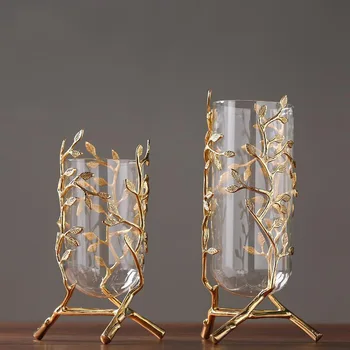 Cam Metal Vazo İçi Boş Altın Metal Çerçeve Dalları Rattan Şeffaf Çiçek Vazo Çiçek Düzenleme Hidroponik Ev Dekorasyon