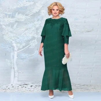 Yeşil Mermaid Anne Damat Elbise Ayak Bileği Uzunluğu Narin Dantel 3/4 Kollu Artı Boyutu Şifon Resmi Konuk Elbise VestidoMadrina