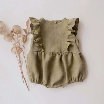 INS 2022 Yaz Bebek Kız Keten Romper Yenidoğan Bebek Tulum Kolsuz Tişört Tulumlar Katı Pamuk Ruffles Bebek Giyim