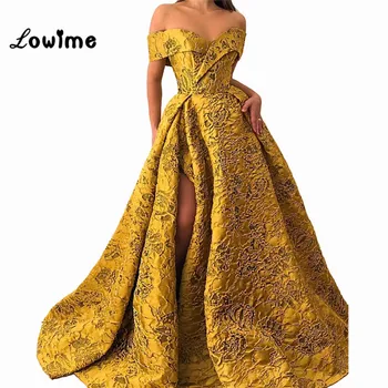 Couture Altın balo kıyafetleri 2019 Robe De Soiree Kapalı Omuz Afrika Müslüman Akşam Parti Elbiseler Yüksek Bölünmüş Yan Abiye giyim