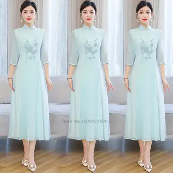 2022 cheongsam vietnam aodai qipao ulusal çiçek nakış şifon aodai oryantal halk dans qipao vintage casual qipao elbise