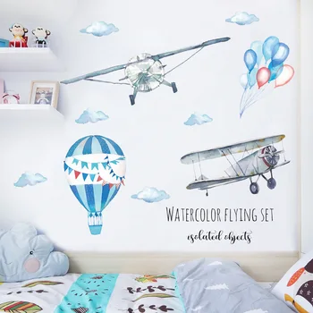 Karikatür Uçak Uçak Çocuk Odası Yatak Odası Duvar Sticker Sıcak Hava Balon Duvar Çıkartması Bebek Odası için Çıkarılabilir Vinil Duvar sanat posterleri
