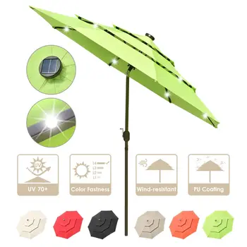 9 Ft 3 Katmanlı Veranda Şemsiyesi, Kaburgalarda 24 LED Işığa Sahiptir Enerji tasarrufu Sağlayan Yeşil