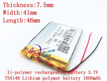 3.7 V,1600 mAh 754146 polimer lityum iyon / Li-İon pil için dvr, GPS, mp3, mp4, cep telefonu, hoparlör