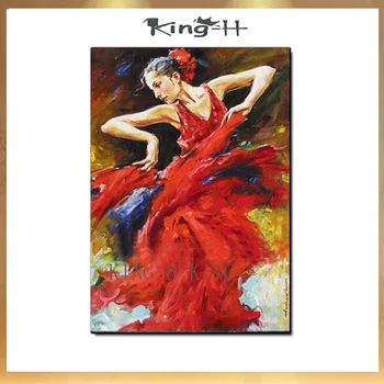 Ücretsiz Kargo El-boyalı İspanyol Flamenko Dansçısı Yağlıboya Tuval Üzerine İspanya Dansçı Dans Kırmızı Elbise Yağlıboya