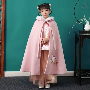 Kızın Kış Pelerin Kürk Yaka Kalınlaşmış Hanfu Ceket Prenses Tarzı Pelerin Kalınlaşmış Sıcak Parti Elbise Yeni Çin Nakış Pelerin