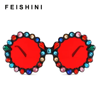 Feıshını Festivali Muhteşem Kadın Güneş Gözlüğü Yuvarlak Hip Hop Kristal Elmas El Yapımı UV400 Kırmızı Lens Çiçek Tasarım Yaz Sunglass