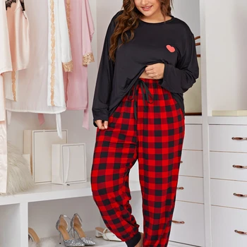 Artı Boyutu kadın Pijama Setleri Bayanlar Ev Takım Elbise Uzun Kollu Ekose Pantolon 2 Parça Pijama Kadın Pamuk Homerwear Kıyafetler