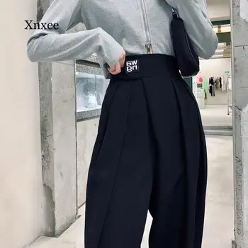 Siyah Mektup Takım Elbise Düz Pantolon Yüksek Belli Avant Garde kadın Gevşek Geniş Bacak Uzun Pantolon Tulum Sokak Hip Hop Giyim