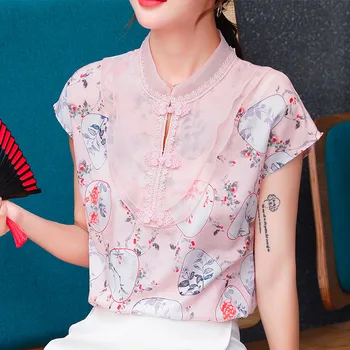 Kadın Çin Tarzı Qipao Üstleri Retro Zarif Cheongsam Bluz Bayan Vintage Çiçekli Baskı Dantel kısa kollu t-shirt Gömlek Elbise