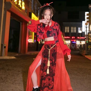 Çocuklar Sahne Kostüm Çin Tarzı Retro Tarzı Kırmızı Kıyafetler Hip Hop Kız Caz Performans Giyim Podyum Festivali Giyim DNV14415