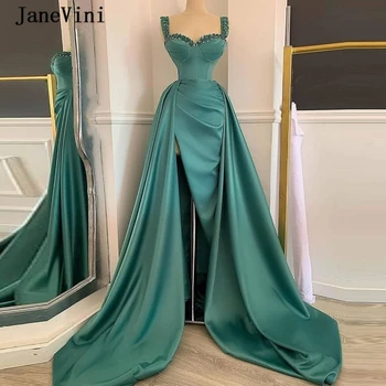 JaneVini Seksi Uzun Saten Mermaid Abiye 2021 Sevgiliye Kristaller Yüksek Bölünmüş Dubai Afrika Yeşil Elbise Kadın gecelik