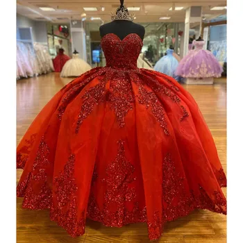 Kırmızı Quinceanera Elbise Balo Moxico 16 Kızlar Payetli Kolsuz Mezuniyet Örgün Balo Elbise Vestidos De 15 Años