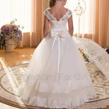 Fildişi Çiçek Kız Elbise İlk Communion Elbise Düğün için Dantel Up Geri Aplike Prenses Çocuk Düğün Balo