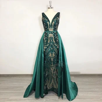 Yeşil Seksi Ünlü Elbiseleri V Boyun Kolsuz Payetli Ayrılabilir Tren Mermaid Lace Up Backless Aplike gece elbisesi Yeni