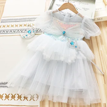 4-10 Yıl Kaliteli Yaz Kız Elbise 2021 Yeni Dantel Şifon Çiçek Dökümlü Ruched Çocuk Çocuk Giyim Kız Prenses Elbise