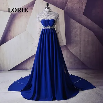 LORIE Abiye Hamile Yüksek Boyun Kraliyet Mavi Boncuklu Şifon Uzun Kollu Annelik Parti Kıyafeti balo kıyafetleri Rhinestones