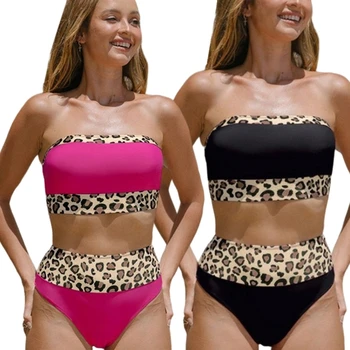 H58D kadın Patchwork leopar mayo iki adet mayo Ins yüksek bel Bikini
