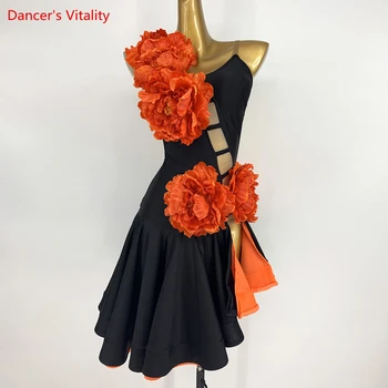 Latin Dans Performansı Giyim Elbise Cusomzied Yetişkin Çocuk Latin Dans Yarışması Etek Chacha Rumba Çiçekler Dans Elbiseler