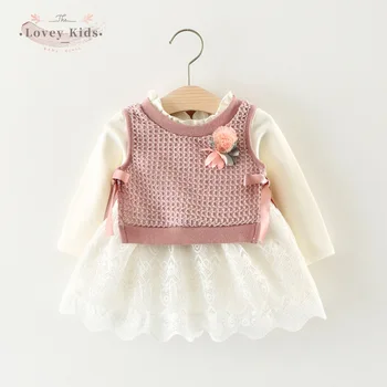 2020 Sonbahar Bebek Kız Sonbahar Giysileri 2 ADET Setleri Katı Elbise Dantel Patchwork Örgü Yelek Ceket Bayan Tatlı Prenses Çocuk giyim
