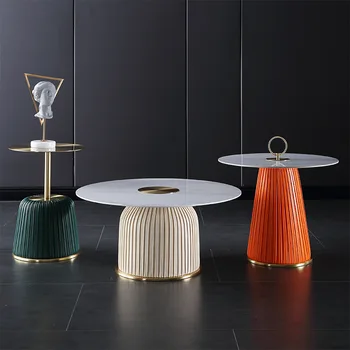 Lüks paslanmaz çelik kaya plaka yuvarlak deri çay masası kombinasyonu tasarımcı oturma odası yaratıcı çay masası