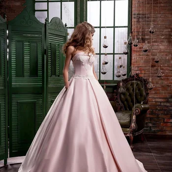 Muhteşem Akşam Elbise Prenses Balo Straplez Dantel Aplikler Backless Pembe Nişan Elbisesi Cepler İle Kadın Kolsuz