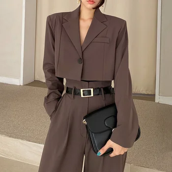 Kore Şık Rahat Moda Kadın Banliyö Tek Düğme Blazer + Moda Yüksek bel Pantolon 2 Parça Set 2021 Sonbahar U135