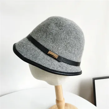 Basit yün balıkçı şapka kadın sonbahar ve kış sıcak yün yün şapka pu kemer metal kare toka havza şapka