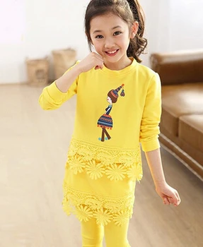 Bahar Çocuk Kız Uzun Kollu dantel üstler Gömlek + Çiçek Pantolon 2 Parça Set 2-10Y damla nakliye