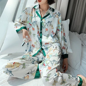 Kadın Uzun Kollu Uzun Pantolon Çiçek Pijama Seti Şık Buz İpek Pijama Bayan Gecelik Giyim Rahat Kıyafeti Takım Elbise