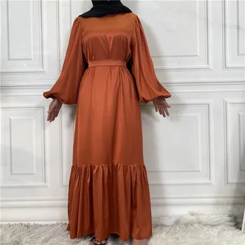 Islam Giyim fırfırlı uzun elbise Patchwork Kadınlar Müslüman Elbise Uzun Kollu Elbise Kaftan Müslüman İpli Düz Renk Elbise