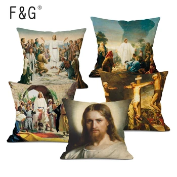 İsa Mesih Sanat minder örtüsü Dini İnanç Yağlıboya Dekoratif Yastık Kılıfı 45x45CM Keten Yastıklar Kapak kanepe dekoru