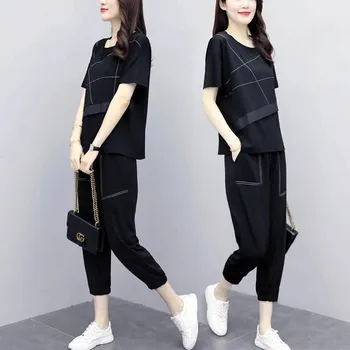 Kadın Takım Elbise Yaz Rahat 2022 Moda Anne kalem pantolon Yarım Kollu Kırpma Üst İki Parçalı Set Kadın Giyim Spor Giyim