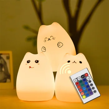 Karikatür Kedi LED Gece Lambası Dokunmatik Sensör Uzaktan 16 Renk USB Şarj Edilebilir Silikon komodin Lambası Çocuklar için Bebek Odası Dekor