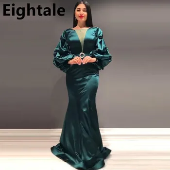 Yeşil Mermaid Arapça Akşam Elbise Uzun Lüks 2022 Uzun Puf Kollu Dubai Balo Elbise Kemer İle Resmi Ünlü Parti Kıyafeti
