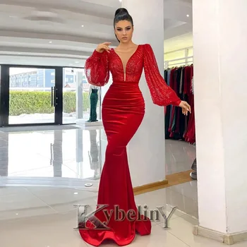 Kybeliny 2022 Kırmızı Mermaid Bling Abiye Berpakaian Balo Robe De Soiree Mezuniyet Ünlü Vestidos Fiesta Kadın Resmi