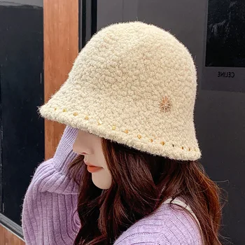 2022 Unisex Harajuku Kova Şapka Katı Kadın Erkek Balıkçılık Balıkçı Şapka Sonbahar Kış Kuzu Yün Açık Sıcak Panama Kap