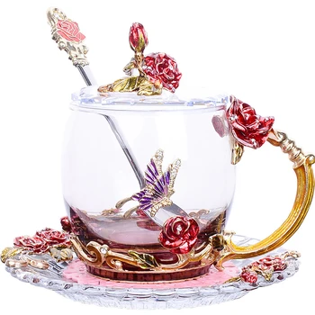 Emaye Oyma Çiçekler Cam su bardağı ısıya dayanıklı Kahve cam kupa Bardak kadın çiçek çayı Fincan Kahve Kupa yaratıcı hediye Fincan