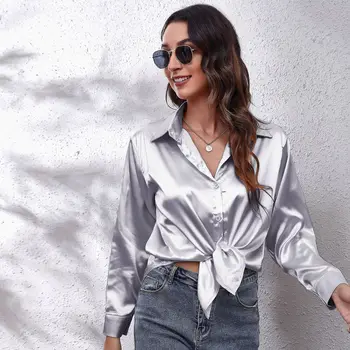 Kadın Moda Saten Gömlek Suni İpek Uzun Kollu Sonbahar Kış Spor Gömlek Bayan Sokak Giyim Elbise Bayan Blusas Tops Bluz 
