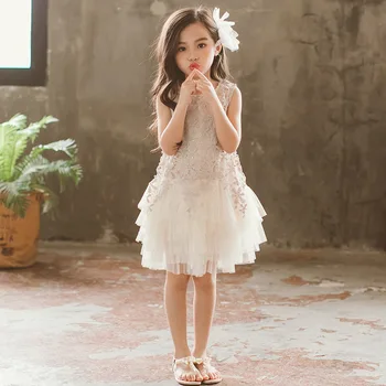 2023 Yaz Küçük Kızlar Boncuk Gazlı Bez Prenses Elbise çocuk Giysileri Bebek Çocuk Saf Renk İnce Örgü Dantel Pilili Elbiseler X39