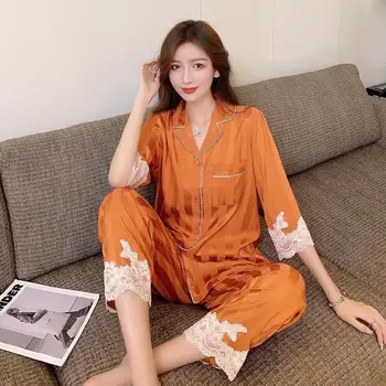 Pijama Kadın Kore Seksi Laciness Buz İpek Pijama Set Yaz Sonbahar 3/4 Kollu İki parçalı Set Tatlı Prenses Tarzı Ev Giysileri