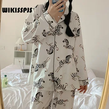 WIKISSPJS Bahar kışlık pijama Kore kadın Uzun Kollu Pantolon Hırka Karikatür Eğlence Ev Giysileri İki parçalı Takım Elbise