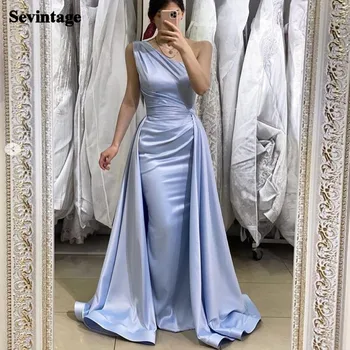 Sevintage 2 Adet Sky Blue Mermaid Akşam Elbise Uzun Bir Omuz Saten balo kıyafetleri Ayrılabilir Etek ile Kadın Parti Törenlerinde